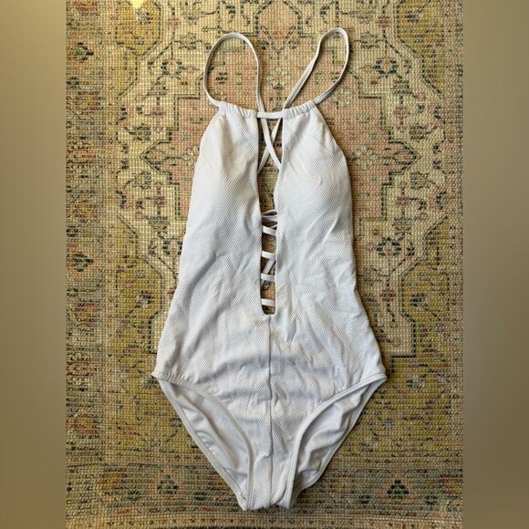 New RACHEL Rachel Roy Pique Lattice Cutout One Piece Swimsuit White Small - Picture 4 of 7